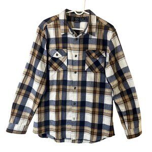 Burnside Mens Button-Up Flannel Shirt Size L Navy/Brown Long Sleeve Cotton Blend